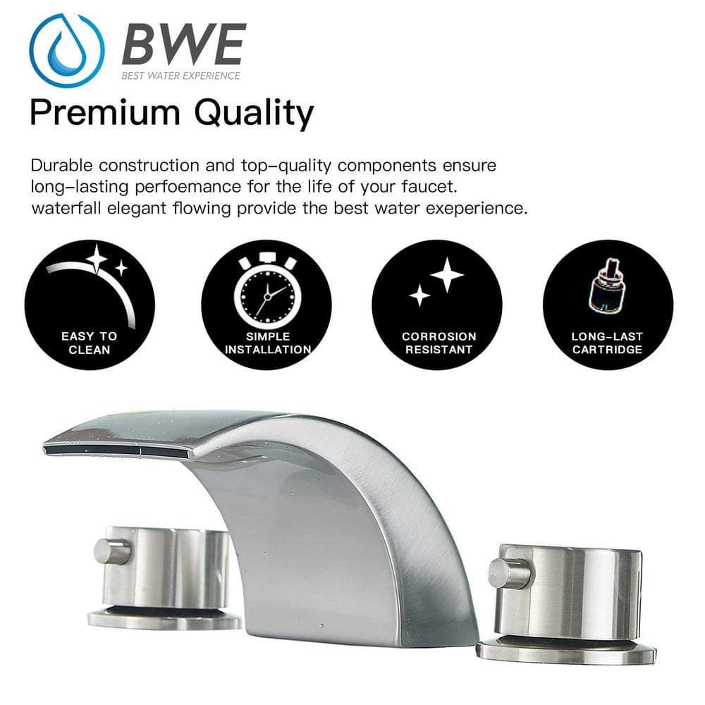 BWE 8 in Widespread 2Handle Bathroom Faucet With Led Light And Pop Up Drain in Brushed Nickel