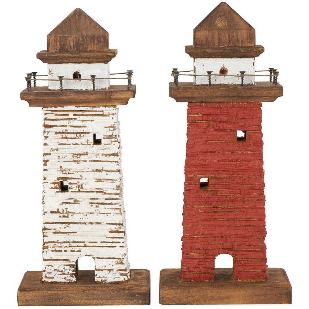 Red Wood Distressed Light House Sculpture with Cream and Brown Accents (Set of 2)