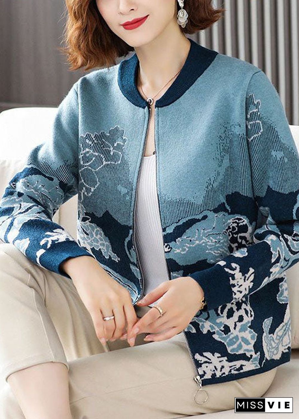 Modern Blue O-Neck Zip Up Print Knit Jackets Long Sleeve