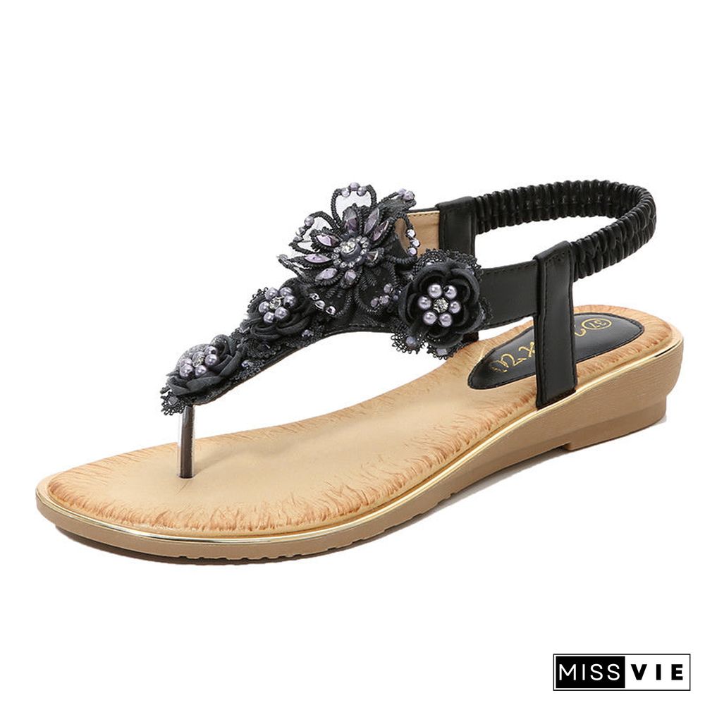 Women Rhinestone Floral Comfy Sole Beach Thong Sandals Shoes