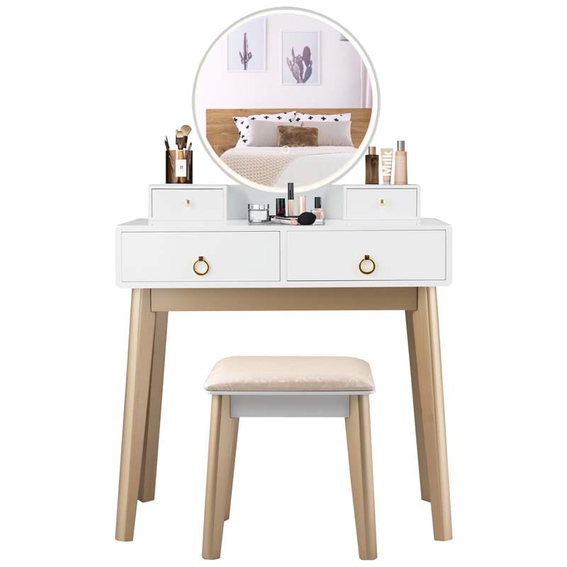 Modern Makeup Vanity Set with Touch Screen Dimming Mirror and 3 Color LED Lighting Modes, Jewelry Divider Dressing Table