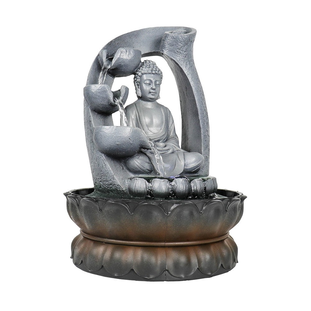 Willwolf Indoor Zen Buddha Fountain with LED Light，Indoor TableTop Water Fountain for Home and Office，Resin Waterfall，Buddha Statue Decor