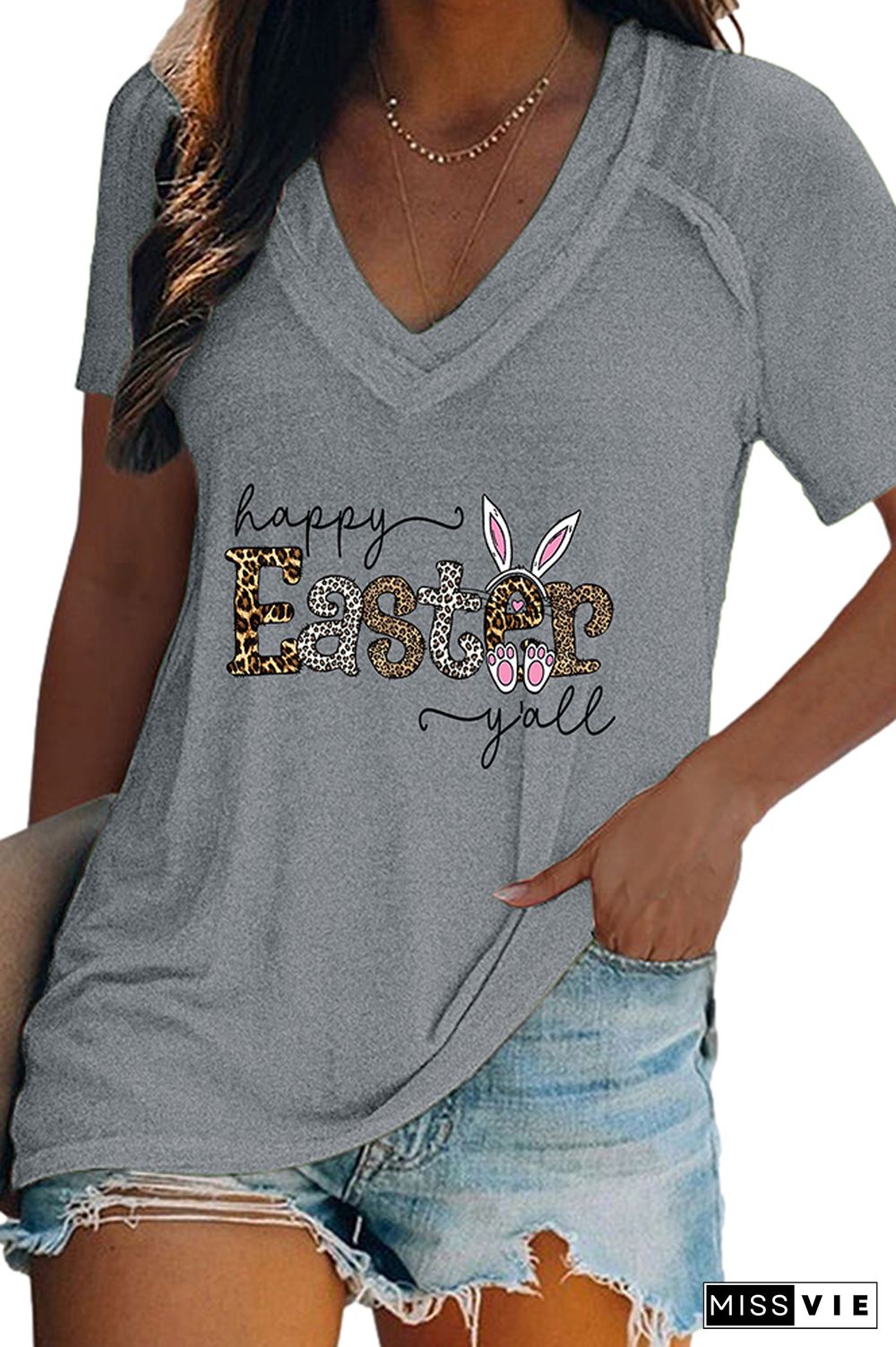 Happy Easter Y'All, Easter V Neck Graphic Tee