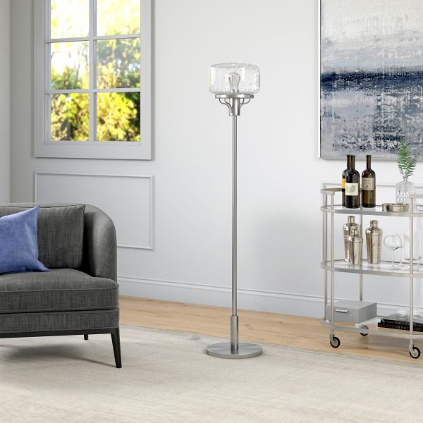 Tatum Globe and Stem Floor Lamp with Glass Shade in Brushed Nickel/Seeded