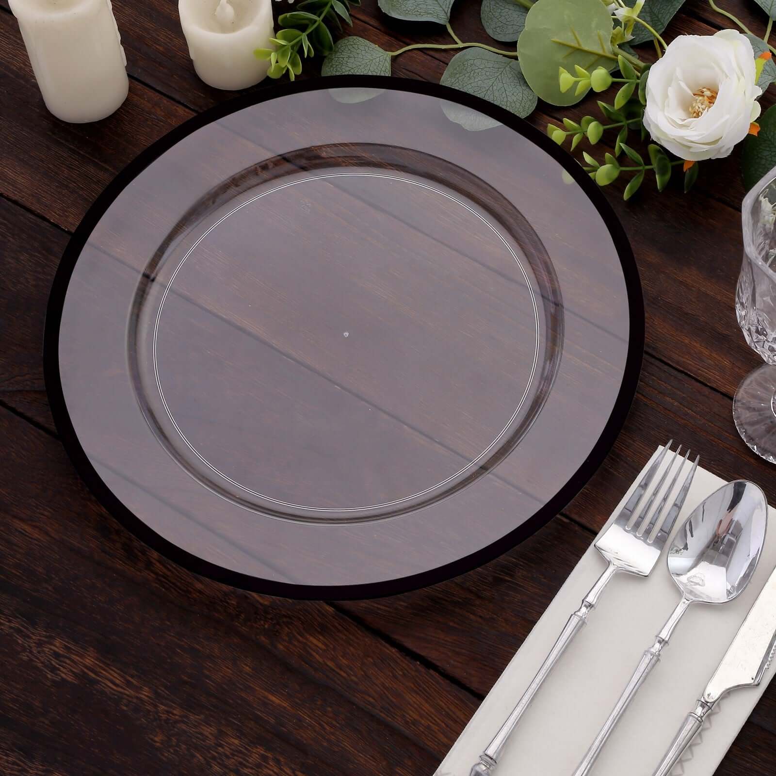 10 Pack Clear Economy Plastic Charger Plates With Black Rim, Round Dinner Chargers Event Tabletop Decor - 12