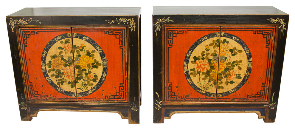 Floral Painted Gansu Cabinets  Set of 2   Asian   Accent Chests And Cabinets   by Redd Furnishings  Houzz