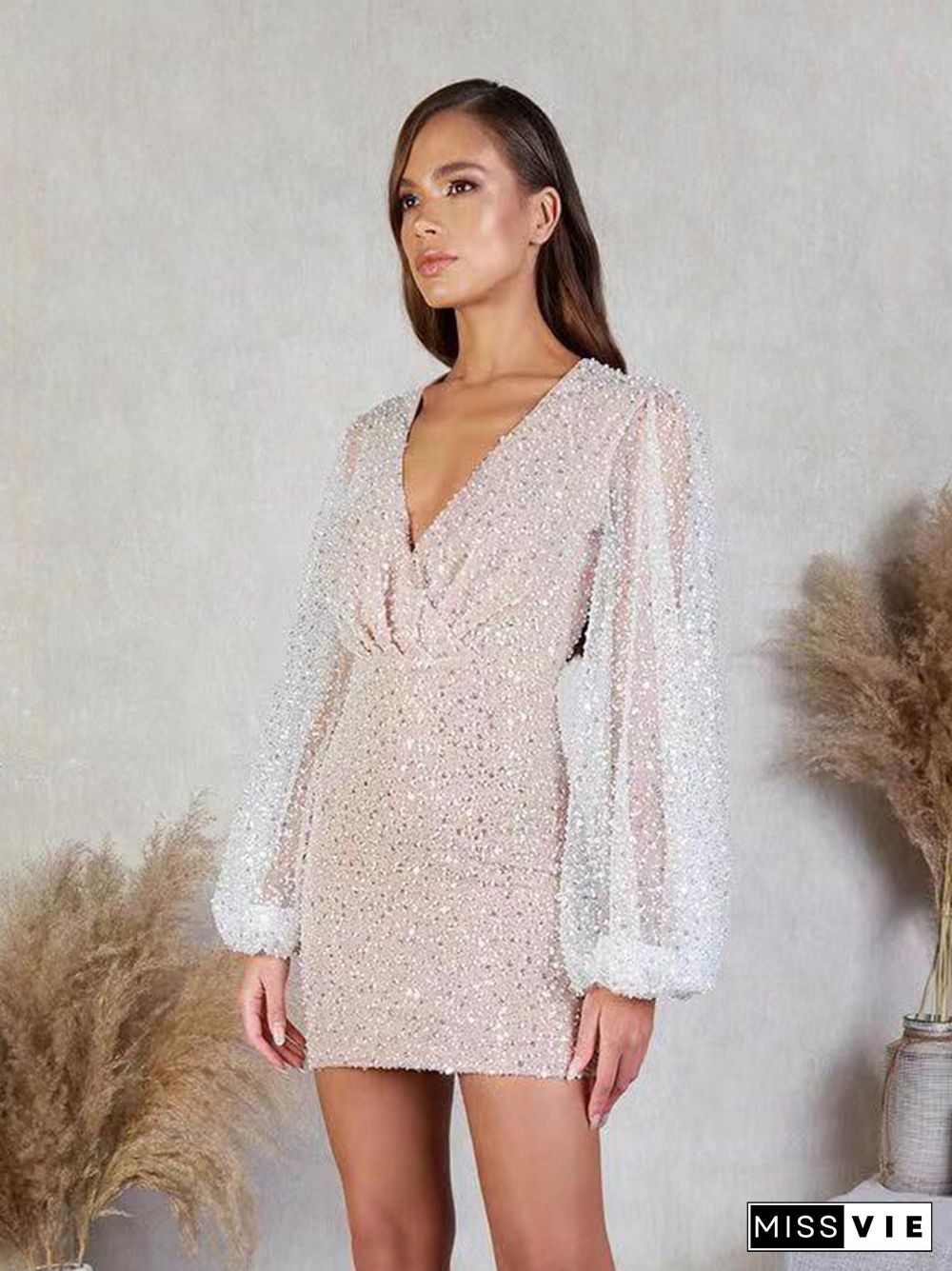 Summer Sexy Women Sequins Dress Fashion V Neck Lantern Long Sleeves Female Dresses Elegant Club Party Bodycon Lady Vestidos