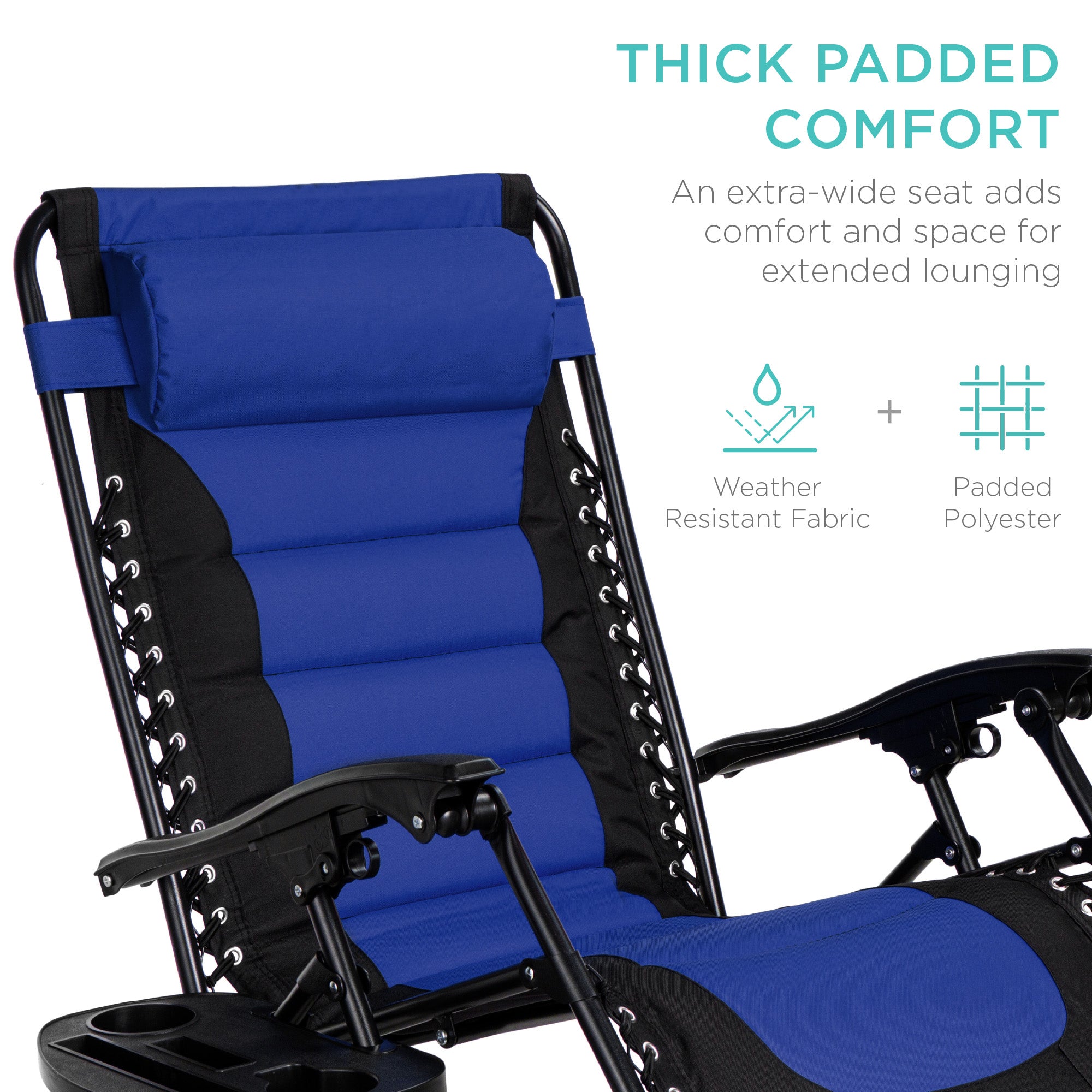 Best Choice Products Oversized Padded Zero Gravity Chair, Folding Outdoor Patio Recliner w/ Headrest, Side Tray - Blue