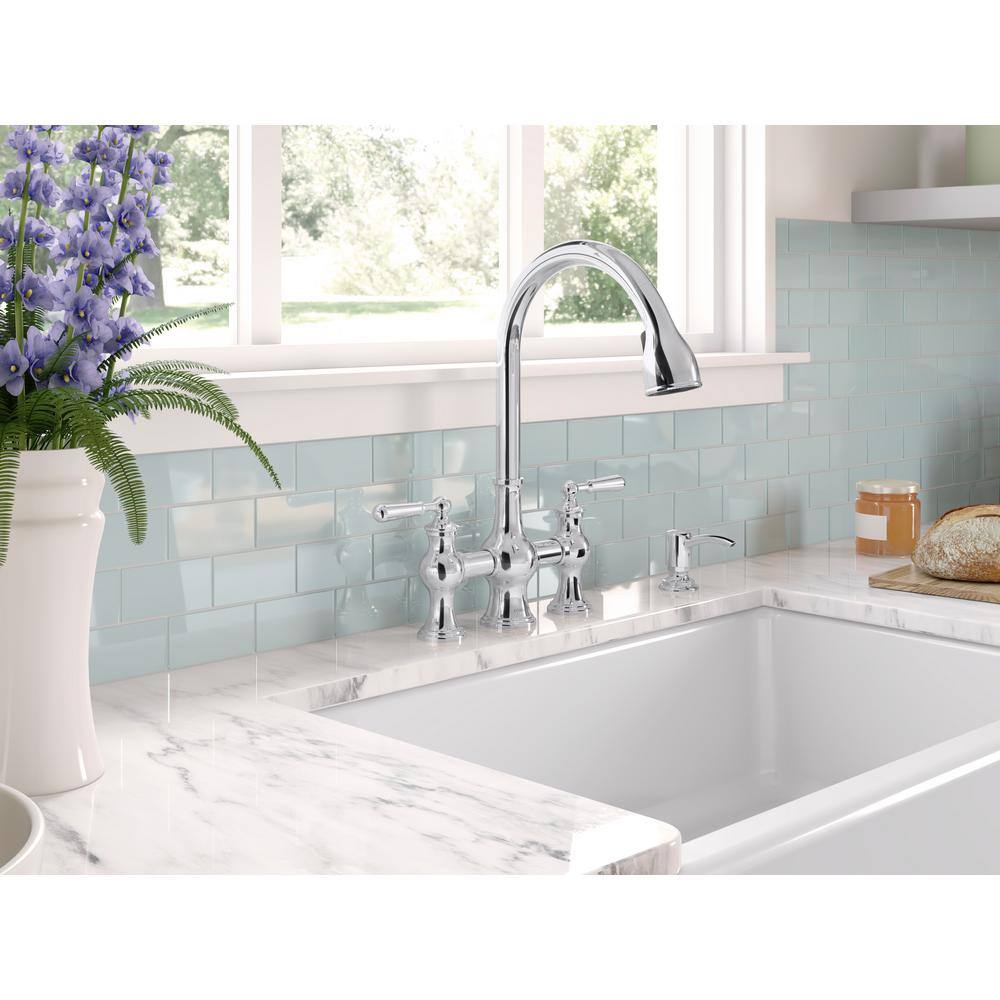 KOHLER Capilano 2-Handle Bridge Farmhouse Pull-Down Kitchen Faucet with Soap Dispenser and Sweep Spray in Polished Chrome K-R21070-SD-CP