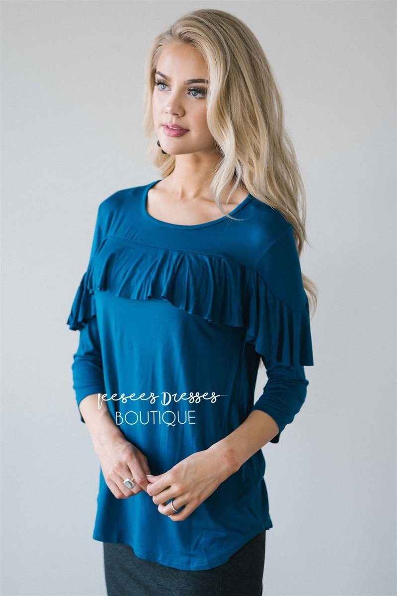 Ruffle Front Detail 3/4 Length Sleeve Top