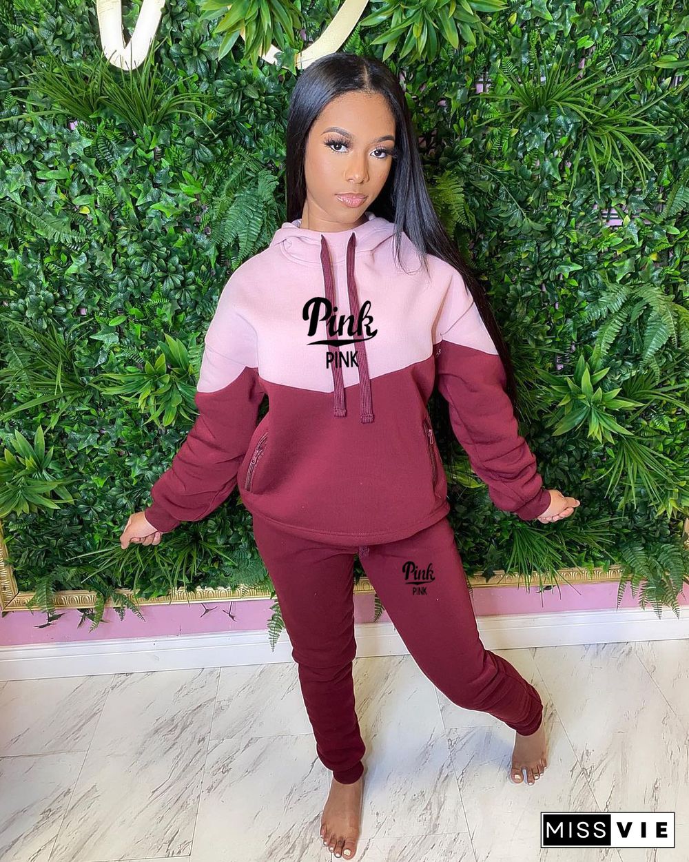 PINK Letter Patchwork Hooded Sweatshirt And Pants Sets