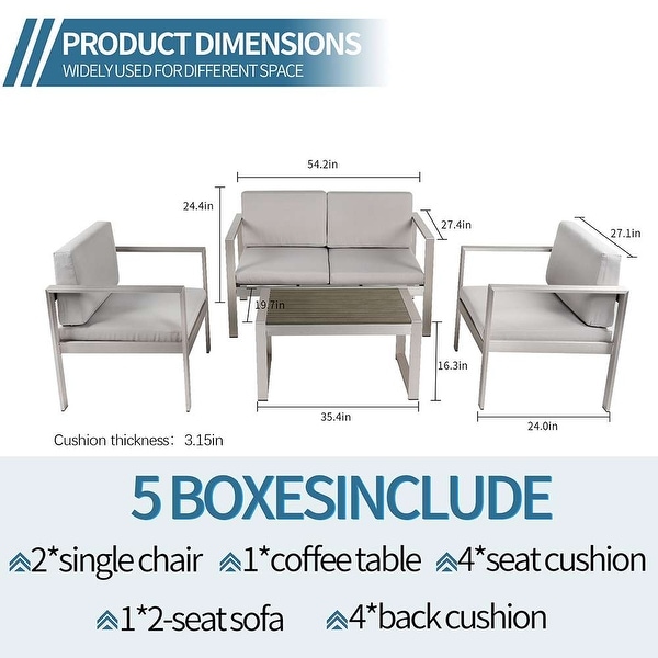 4Piece Aluminum Patio Conversation Set，Garden Outdoor Sofa Seating Group Set with Cushions