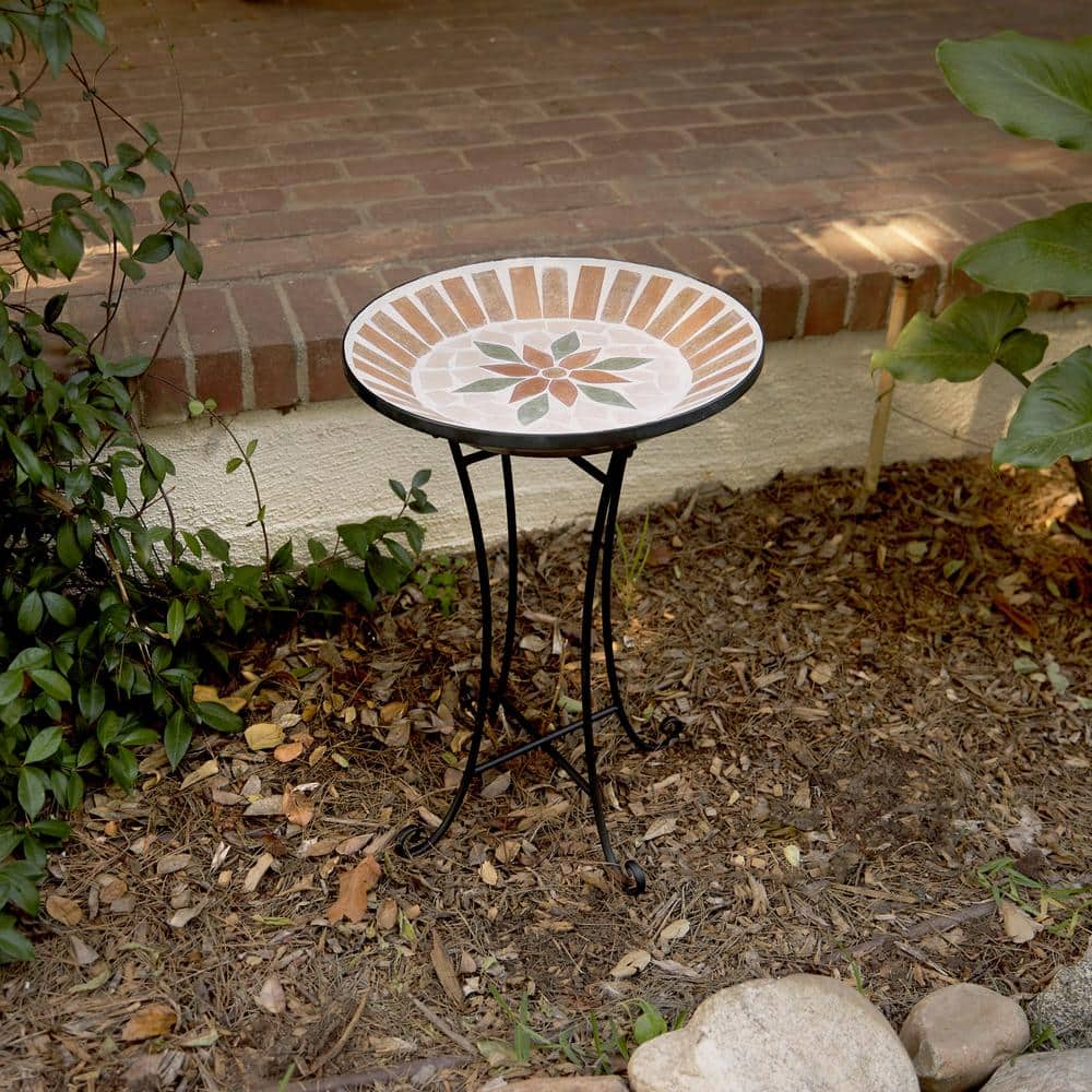 Alpine Corporation 25 in. H Outdoor Decorative Mosaic Birdbath with Metal Stand， Tan/Beige JFH920