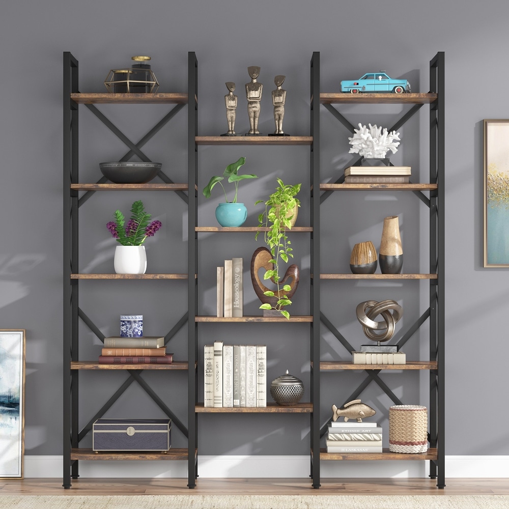 Triple Wide 5 Shelf Bookcase  Etagere Large Open Bookshelf Vintage Industrial Style Shelves Wood and Metal bookcases