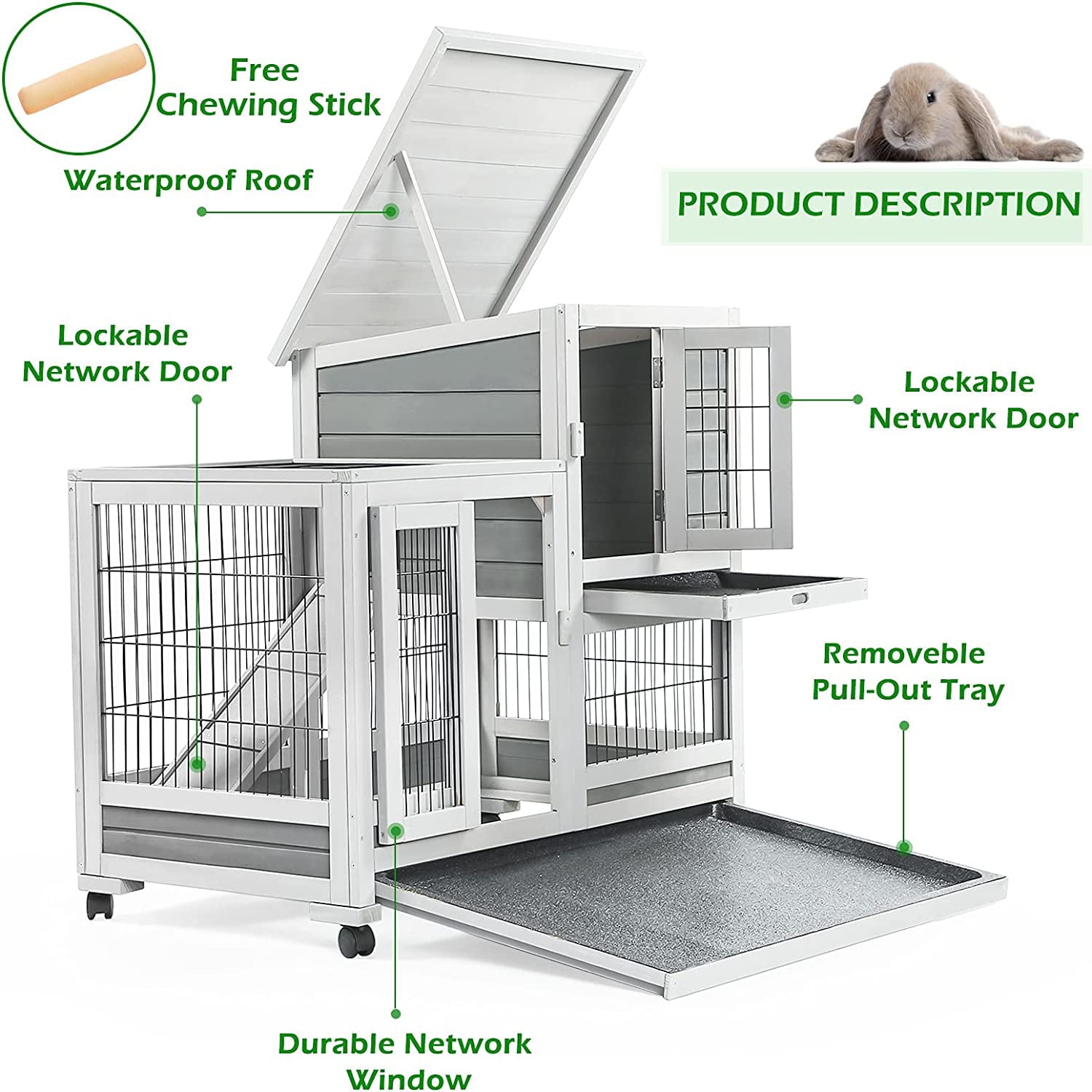 YODOLLA Indoor Rabbit Hutch Bunny Cage Large Pet House for Small Animal with Wheels