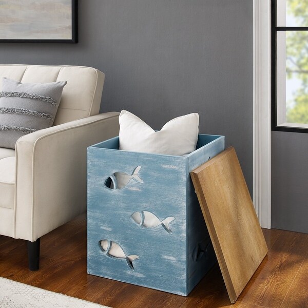 Creekview Coastal Square Metal Accent Side Table with Cutout Fish， Natural Top and Blue Base