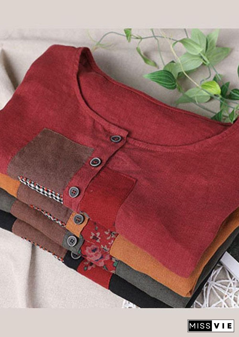 Organic Red Button Short Sleeve Cotton Linen Shirt Tops