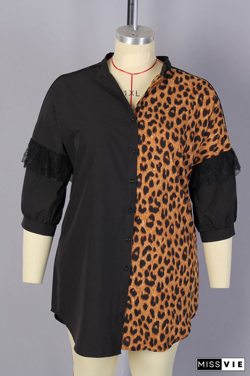 Plus Size Leopard Colorblok Lace Splicing Shirt Dress Wholesale