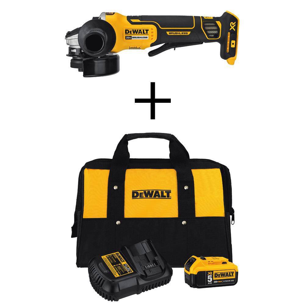 DW 20V MAX XR Cordless Brushless 4.5 in. Paddle Switch Small Angle Grinder (1) 20V 5.0Ah Battery Charger and Kit Bag DCB205CKWCG413B