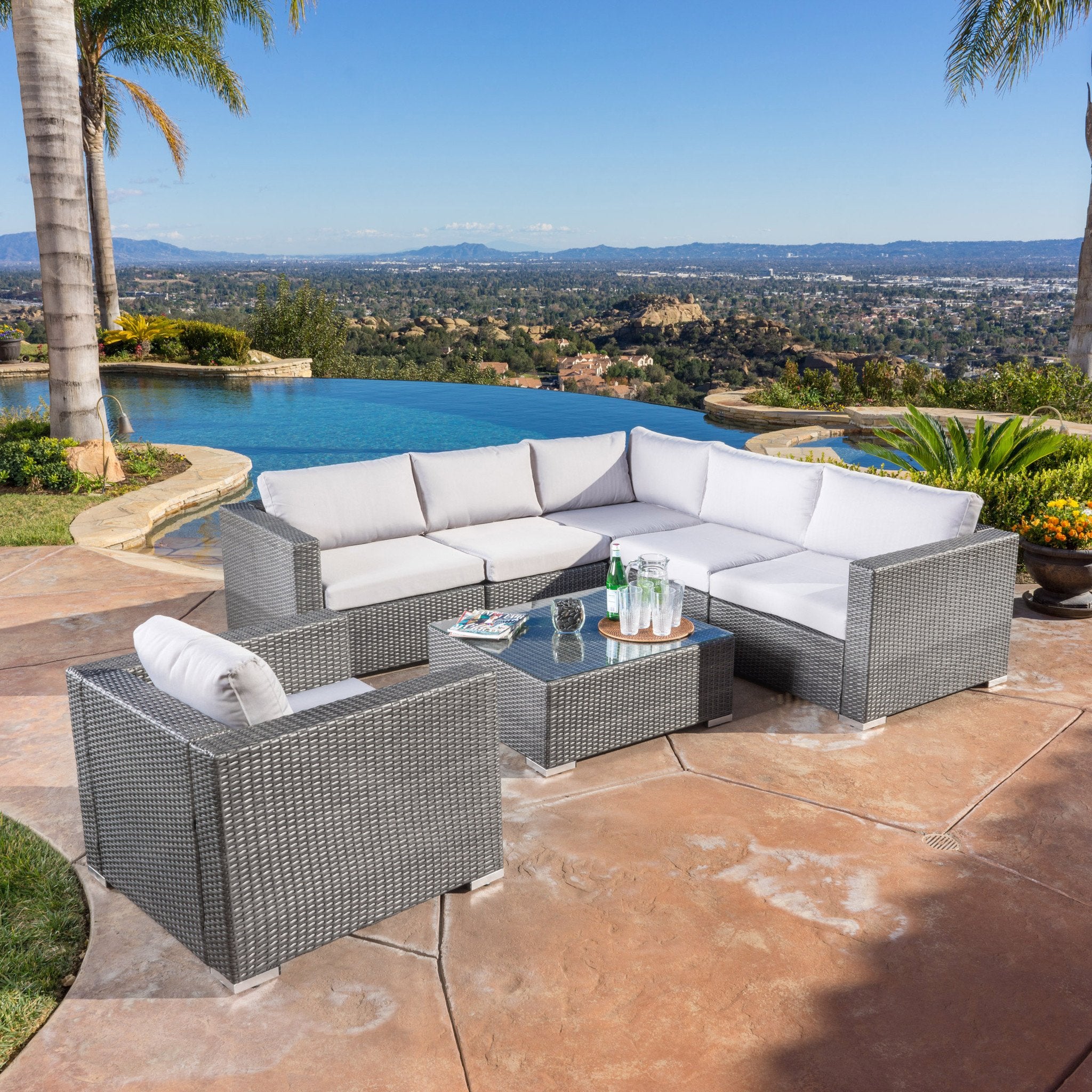 Francisco 7pc Outdoor Grey Wicker Seating Sectional Set w/ Cushions