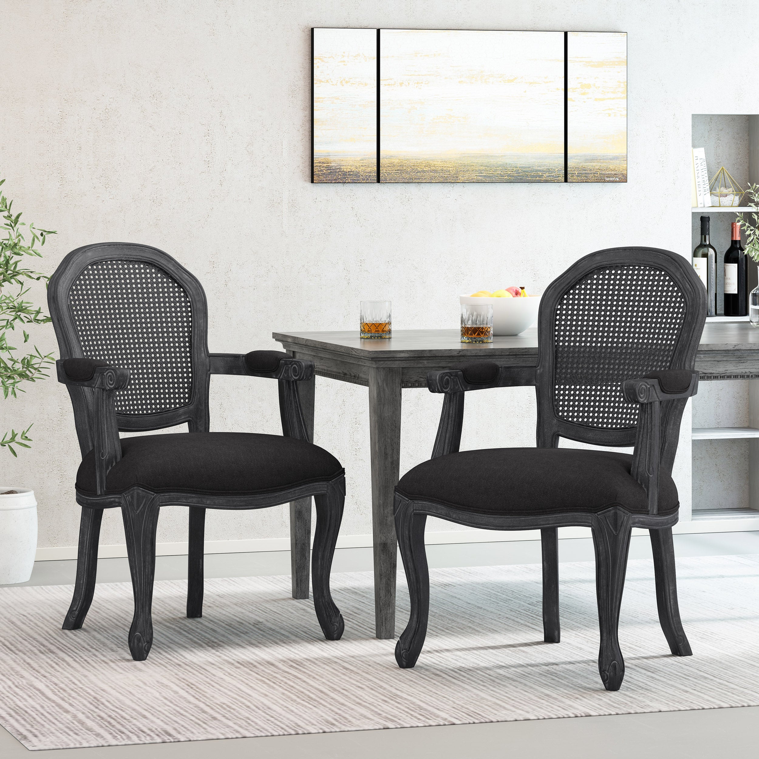 Mariette French Country Wood and Cane Upholstered Dining Chair, Set of 2