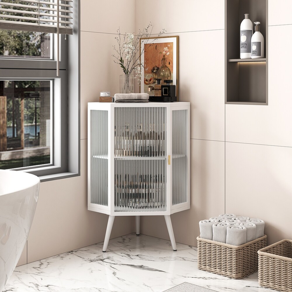 2 Tier Floor Coner Cabinet with Tempered Glass Door   Adjustable Shelf ，Freestanding Bathroom Corner Storage Cabinet