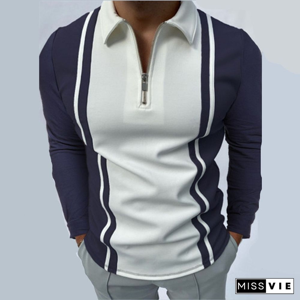 Men's Zipper Lapel Polo Shirt Plaid Print Long-sleeved T-shirt