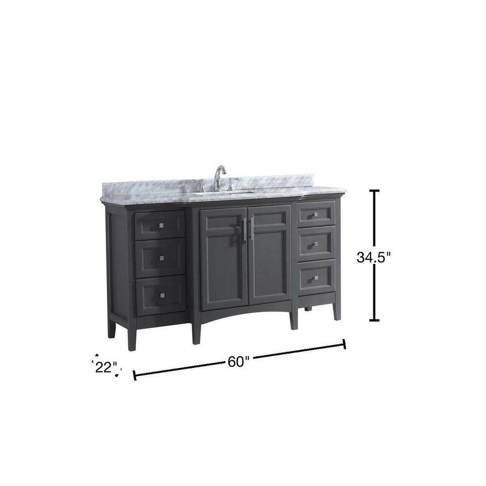 Ari Kitchen and Bath Luz 60 in. Single Bath Vanity in Gray with Marble Vanity Top in Carrara White with White Basin AKB-LUZ-60-MPGR