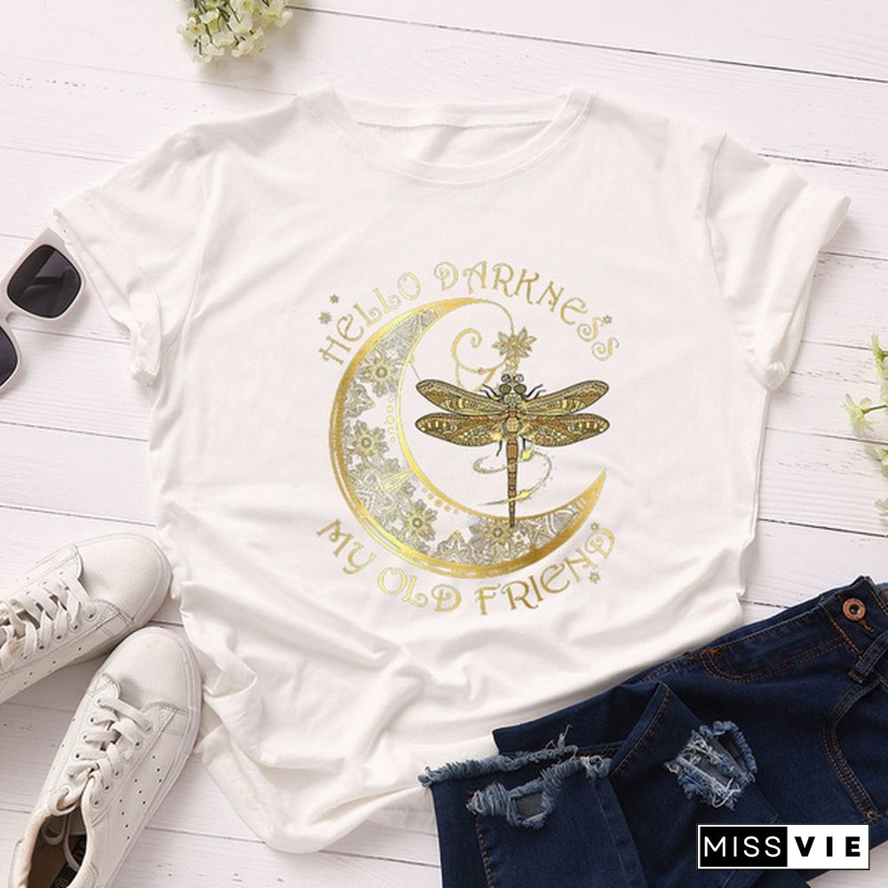 Women Summer T Shirts Plus Size Moon Dragonfly Letter Print Fashion Female Casual Streetwear Ladies Graphic Tee Tops