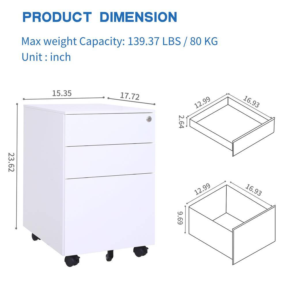 Tatahance 3-Drawer Mobile White Metal Lateral Filing Cabinet with Lock Steel W25252085-Z