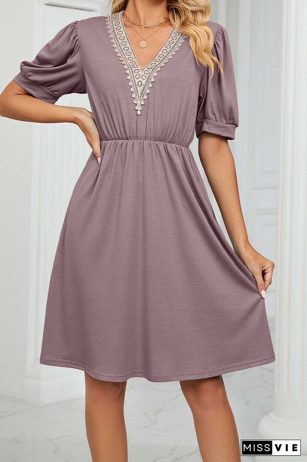 V Neck Lace Edge Pockets T-Shirt Dress