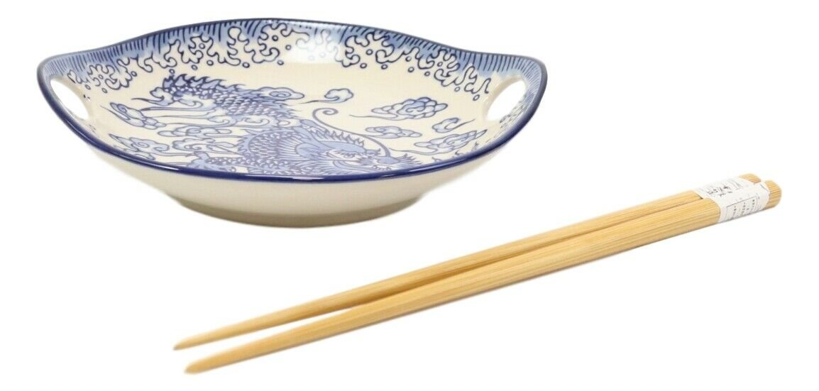 1 Blue Feng Shui Dragon Small Appetizer Coupe Plate Flat Bowl With Chopsticks Set EBR02