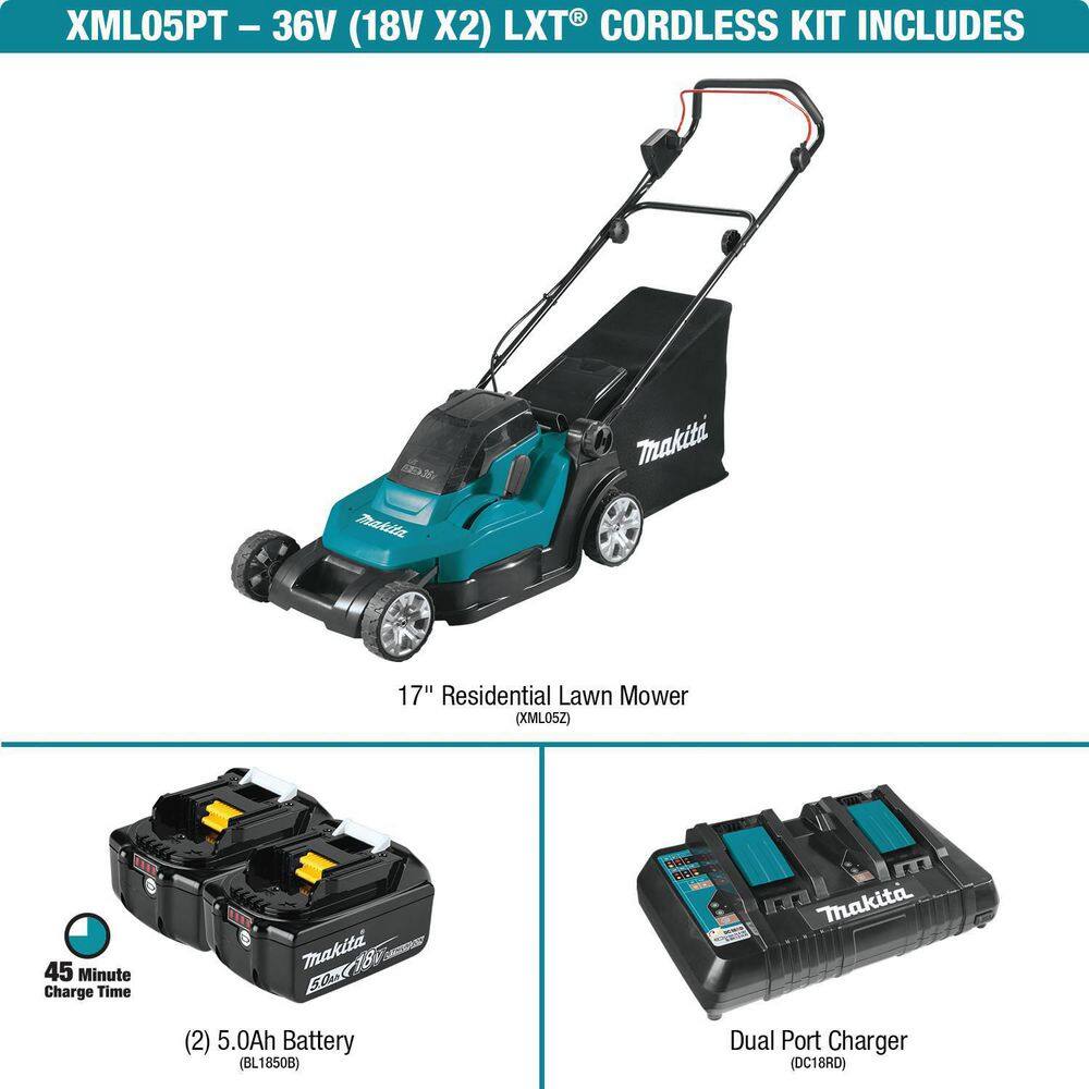 Makita 18V X2 (36V) LXT 17 in. Walk Behind Residential Lawn Mower Kit (5.0Ah) wBonus LXT Blower and LXT 13 in. String Trimmer XML05PT-XBU3XRU