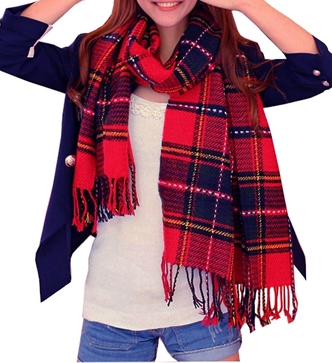 Women's Fashion Long Shawl Big Grid Winter Warm Lattice Large Scarf Red Blue -