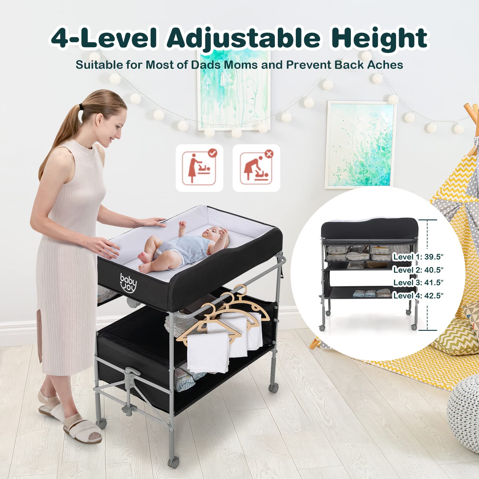 Costzon Portable Baby Changing Table, Foldable Infant Diaper Changing Station, Newborn Nursery Organizer w/ 4 Lockable Wheels