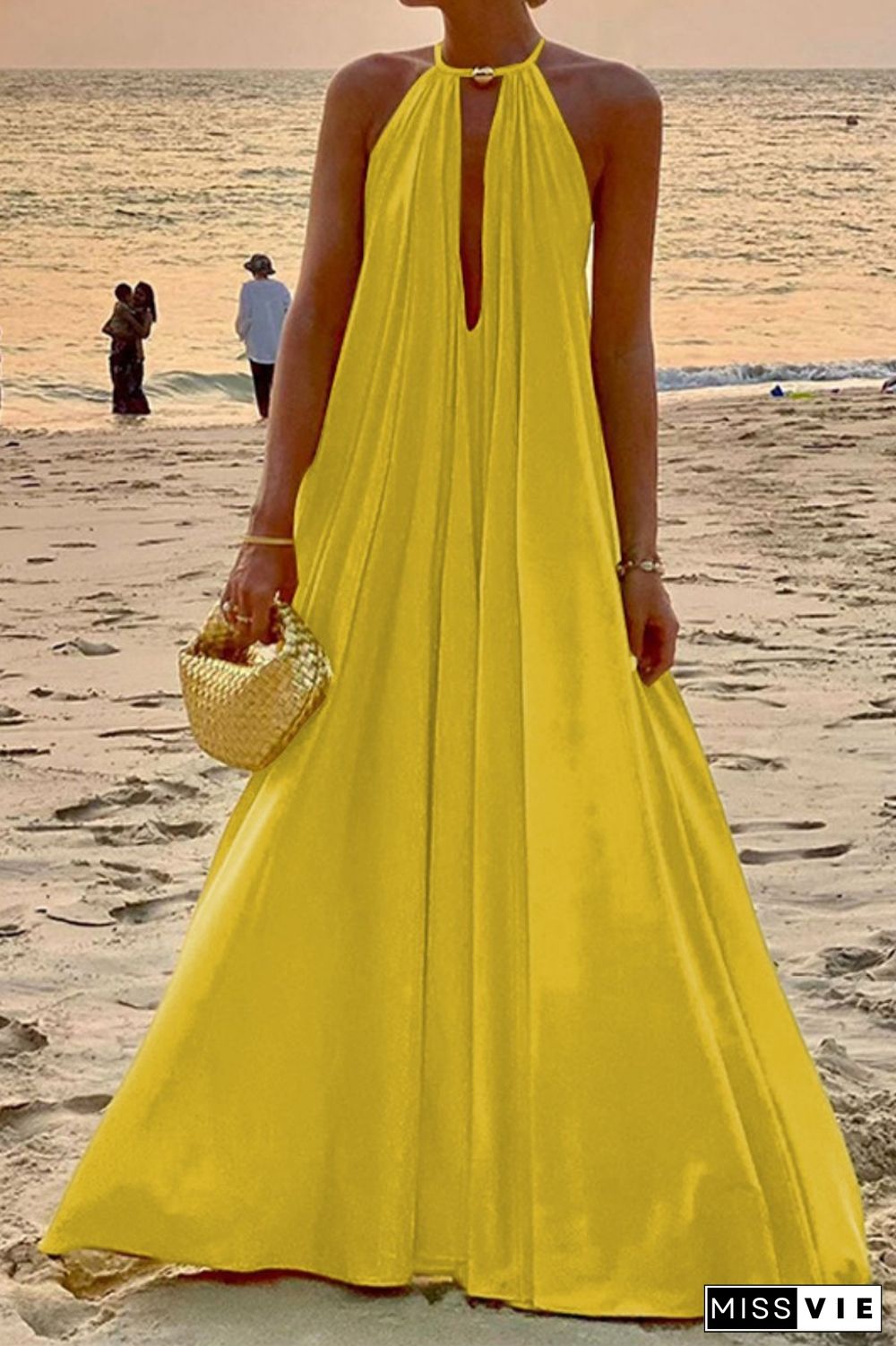 Yellow Sexy Casual Solid Hollowed Out O Neck Dresses