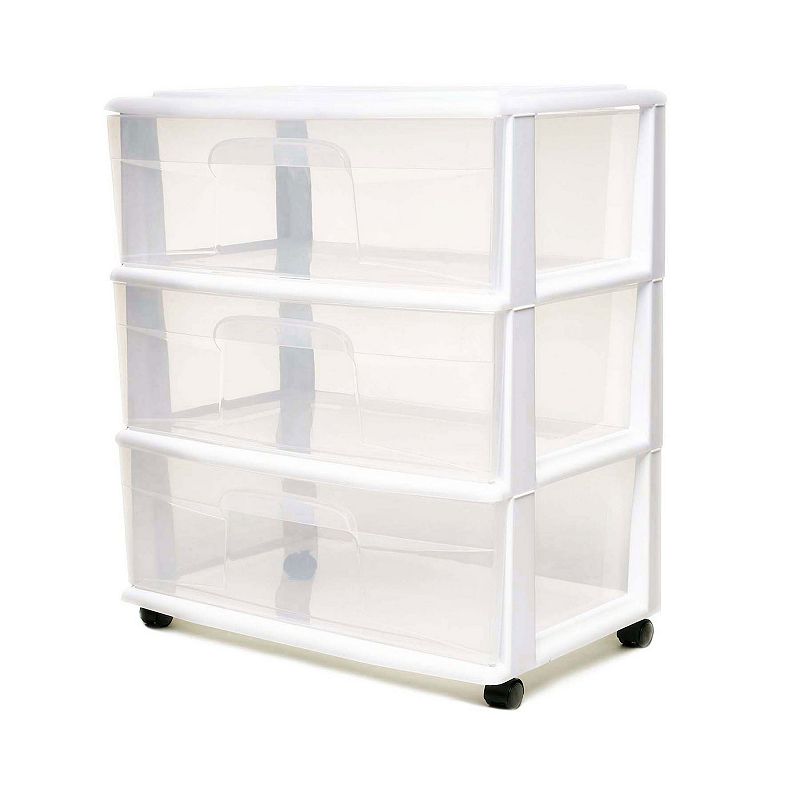 Homz Plastic 3 Clear Drawer Small Rolling Storage Container Tower， White， 2 Pack