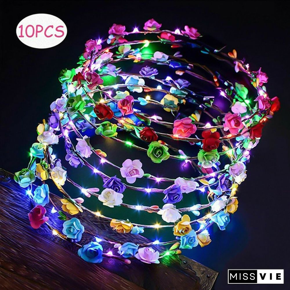 Newest 10 Pcs LED Light Up Flower Wreath Garland Headbands Party Headdress