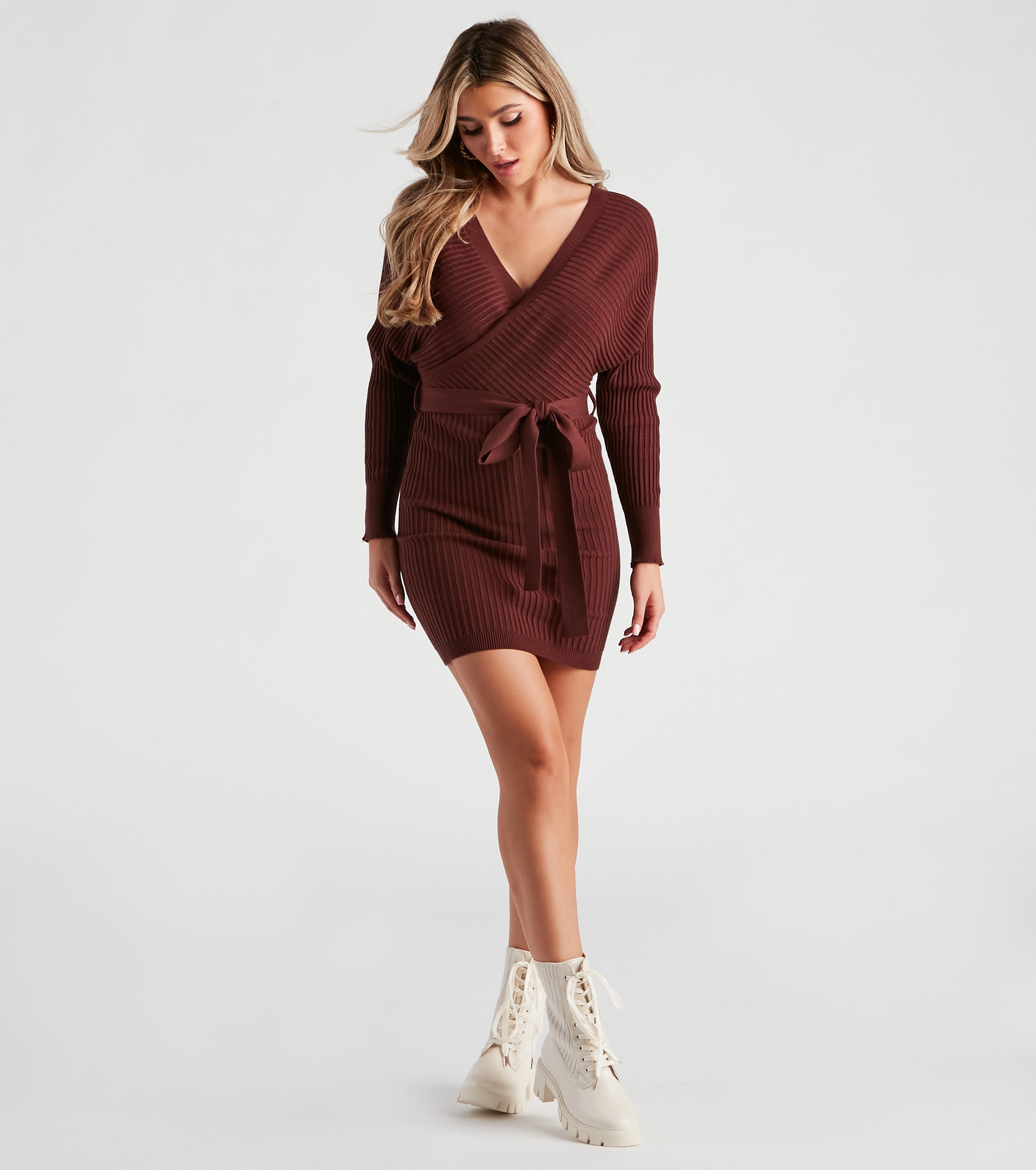 Ribbed Knit Tie-Front Mini Sweater Dress