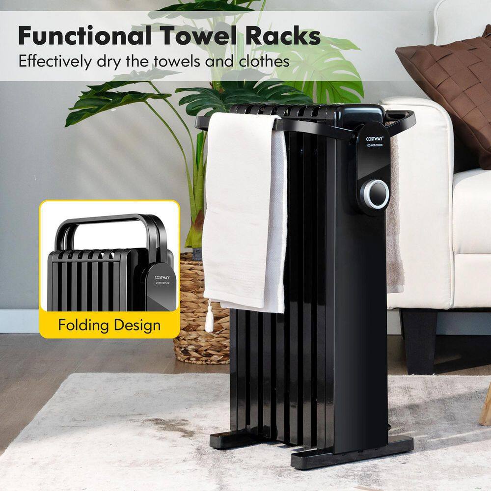 Costway 1500-Watt Black Electric Oil-Filled Radiator Heater Space Heater with Foldable Rack ES10201US-BK