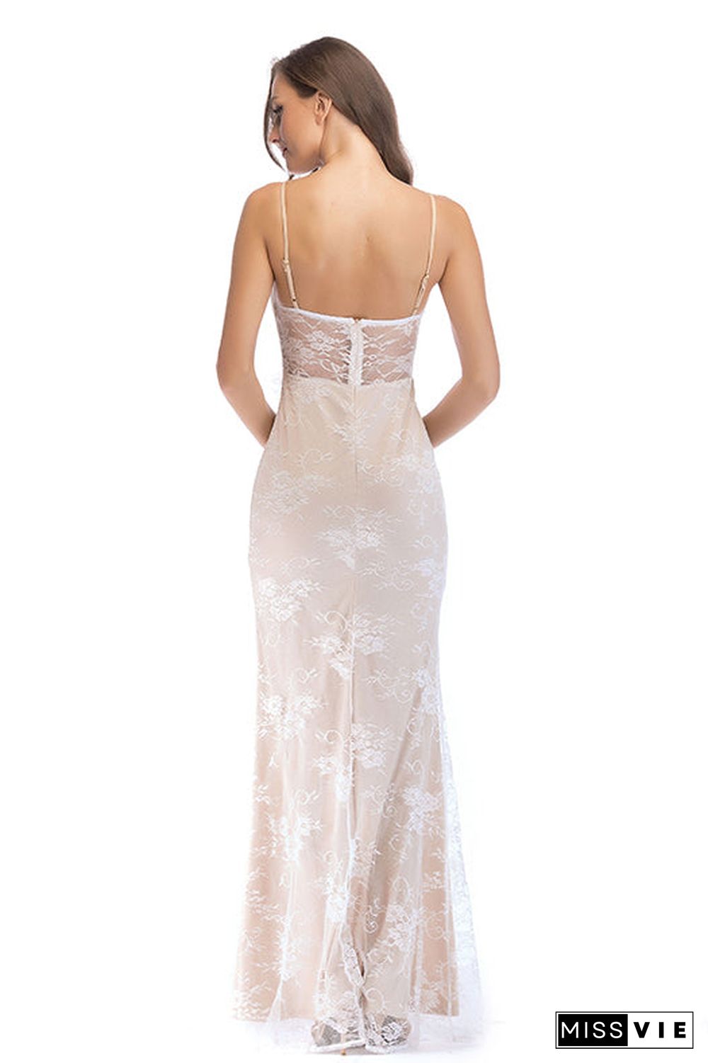 Ivory Lace Spaghetti Straps Backless Slit Bodycon Prom Dress