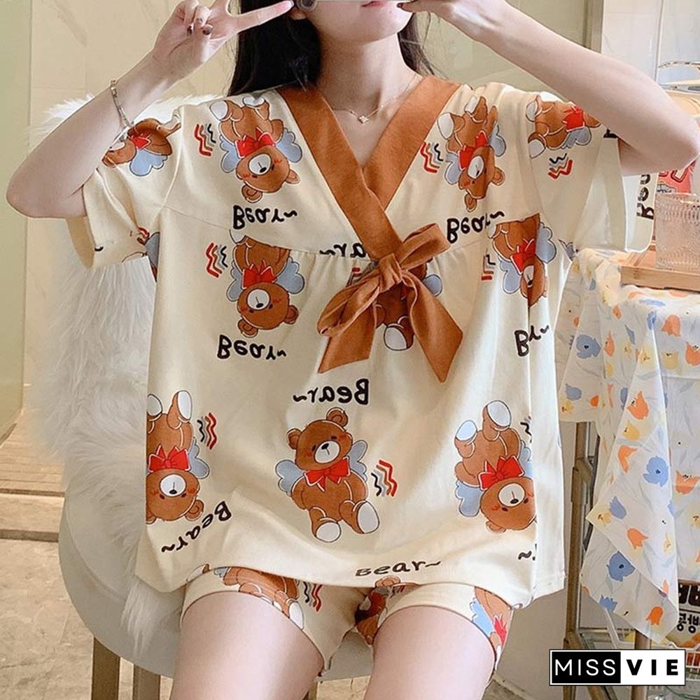 Cute Cartoon Bear Print T-shirt Shorts Pajamas Two Pieces Set