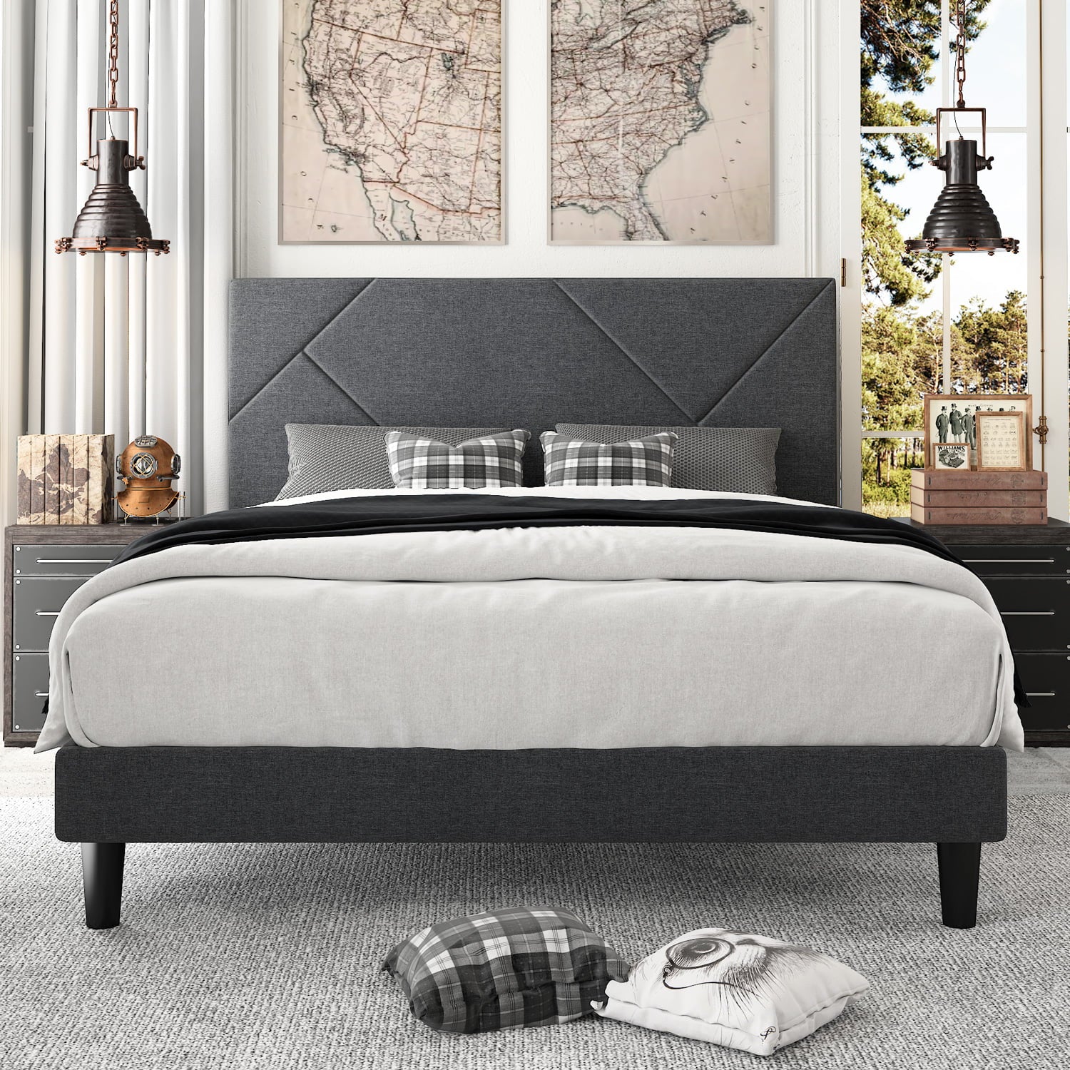 Amolife Queen Size Metal Bed Frame with Geometric Upholstered Headboard, Grey