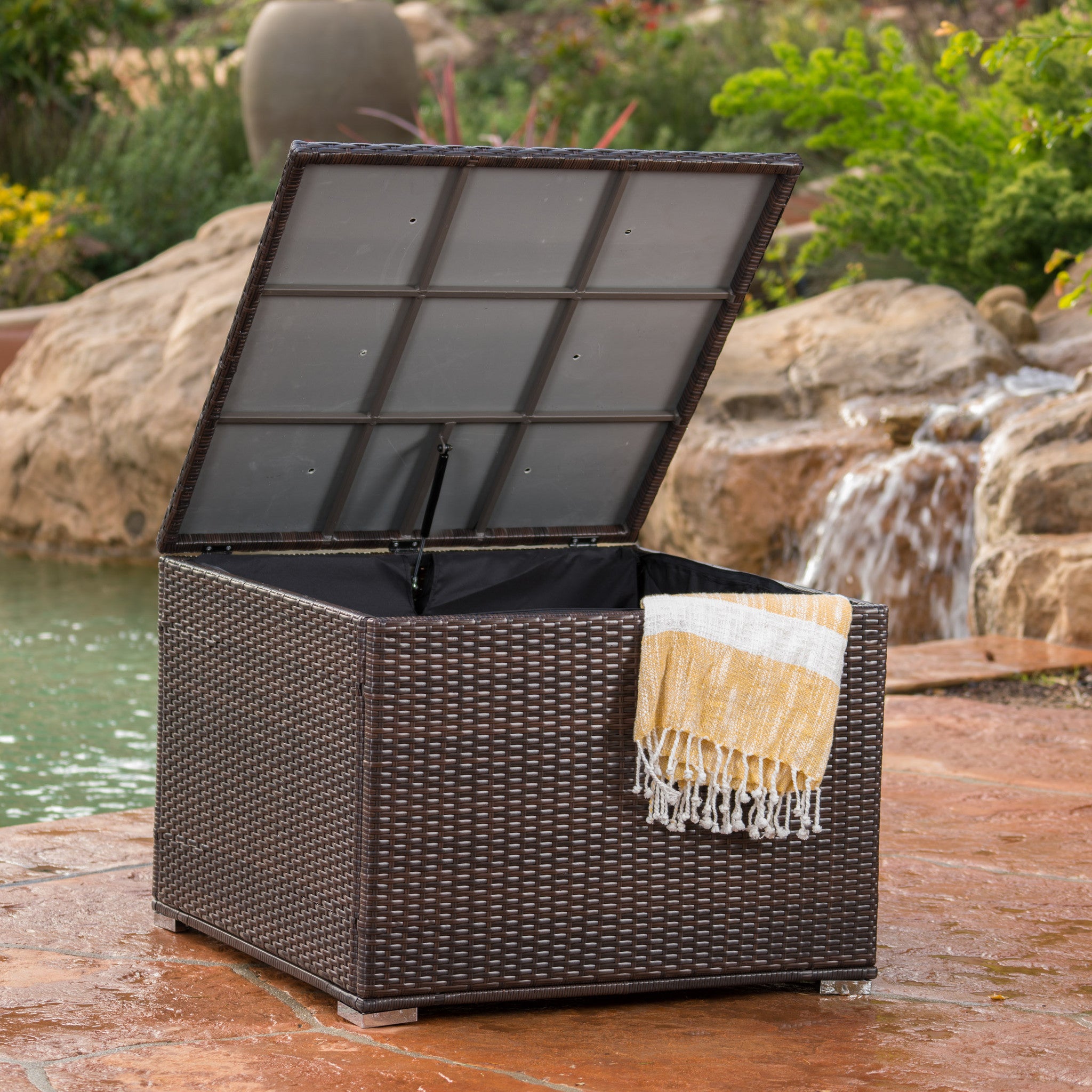 San Louis Obispo Outdoor Square Multi-Brown Wicker Storage Box w/ Zipped Lining