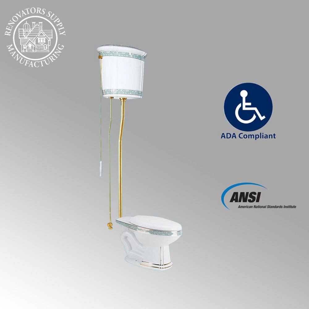 RENOVATORS SUPPLY MANUFACTURING India Reserve High Tank Toilet Single Flush Elongated Bowl in White and Green with Tank and Brass Rear Entry Pipes 17800