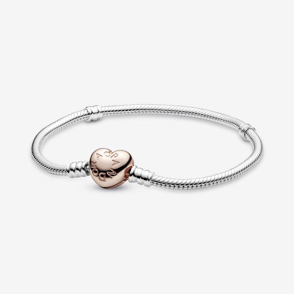 PANDORA  Pandora Moments Heart Clasp Snake Chain Bracelet in Sterling Silver & Rose Gold