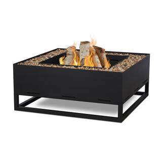 Real Flame Trey 36 in. W x 36 in. L Outdoor Square Powder Coated Steel Wood-Burning Fire Pit in Black with Decorative Pebbles 965-BLK