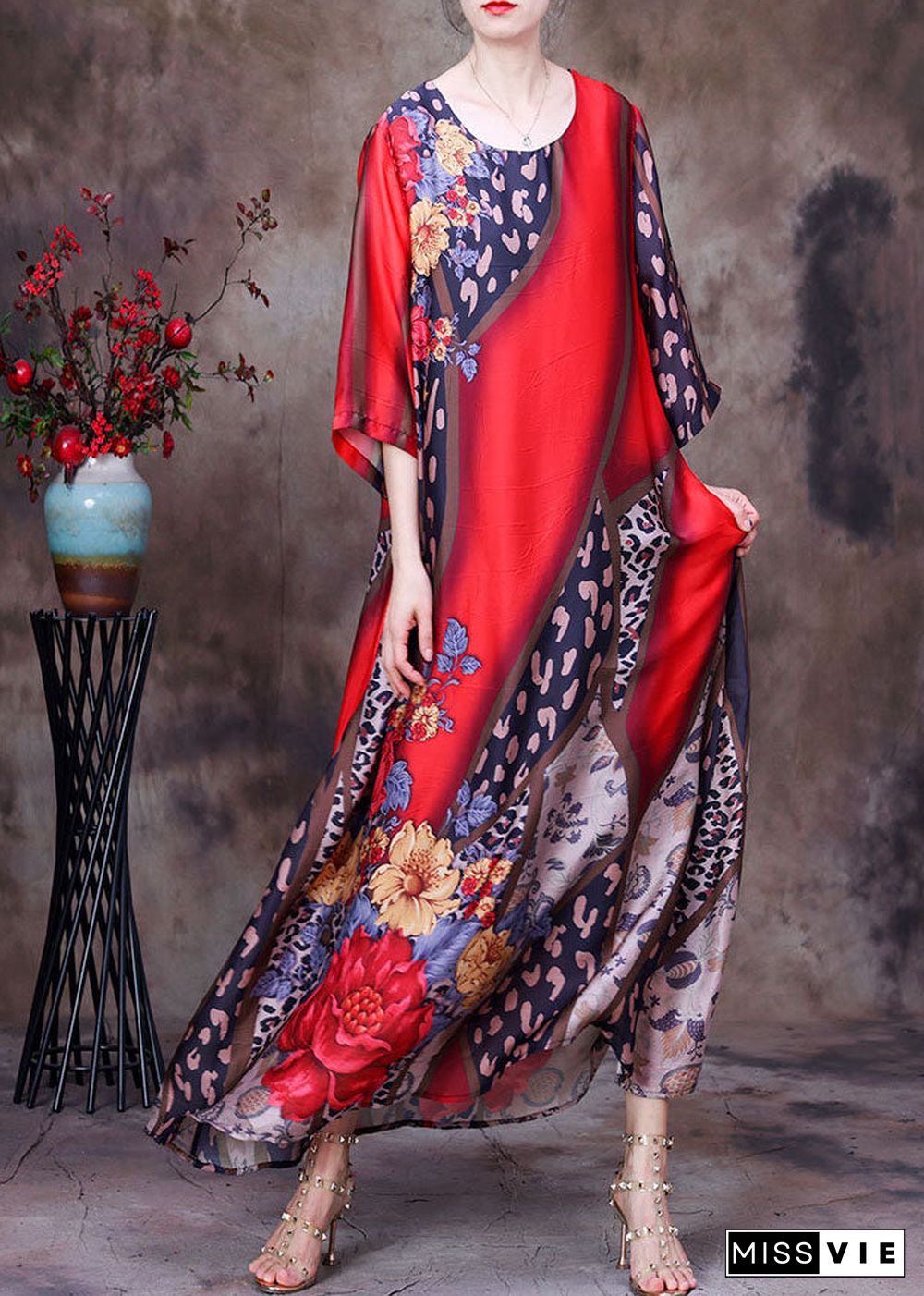 Bohemian Red O-Neck Print Side Open Silk Long Dress Short Sleeve