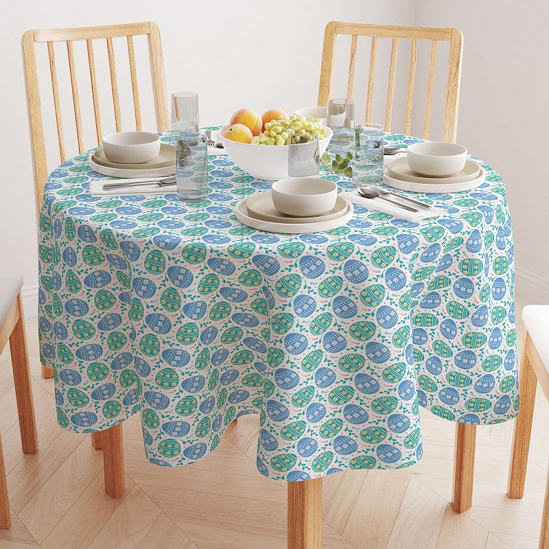 Round Tablecloth， 100% Cotton， 60 Round， Blue Floral Easter Eggs