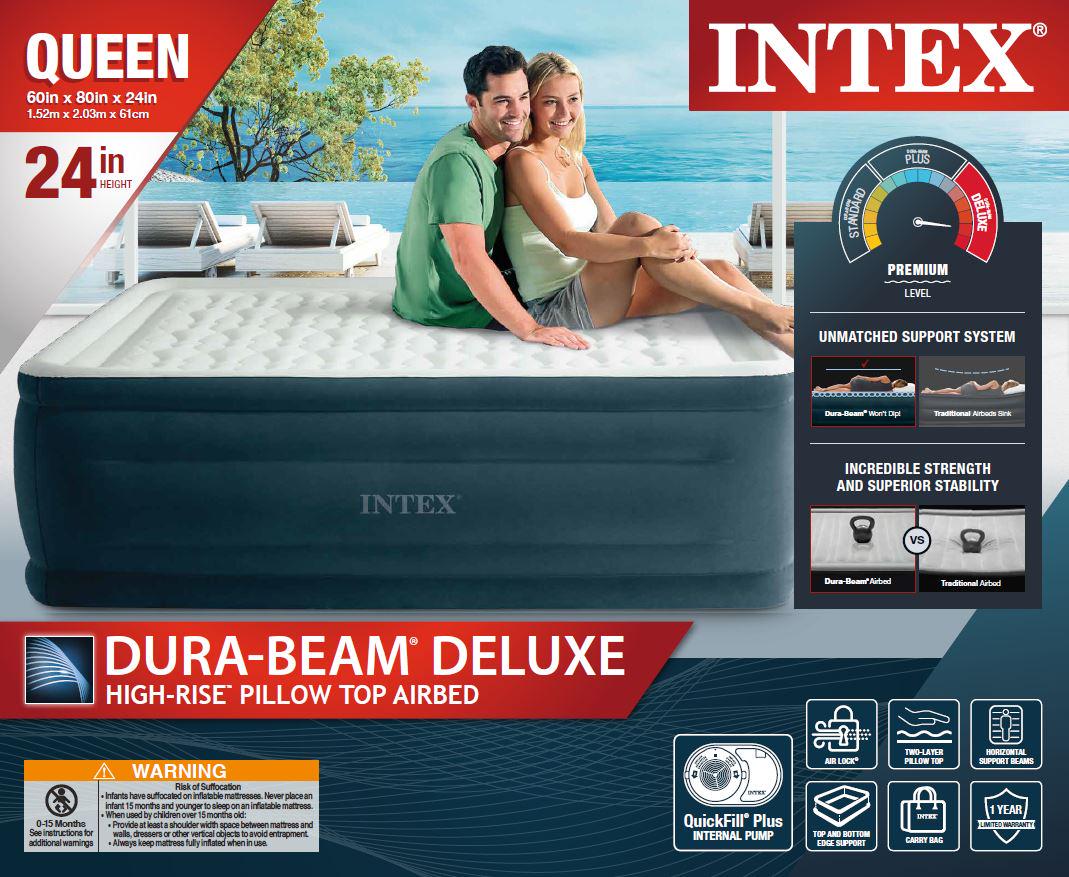 Intex Dura-Beam 24 Pillowtop Air Mattress， with Built-in Pump， Queen